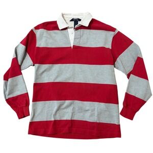 Vintage Y2K Lands End Mens Rugby Shirt Long Sleeve Striped Red Gray Cotton Small